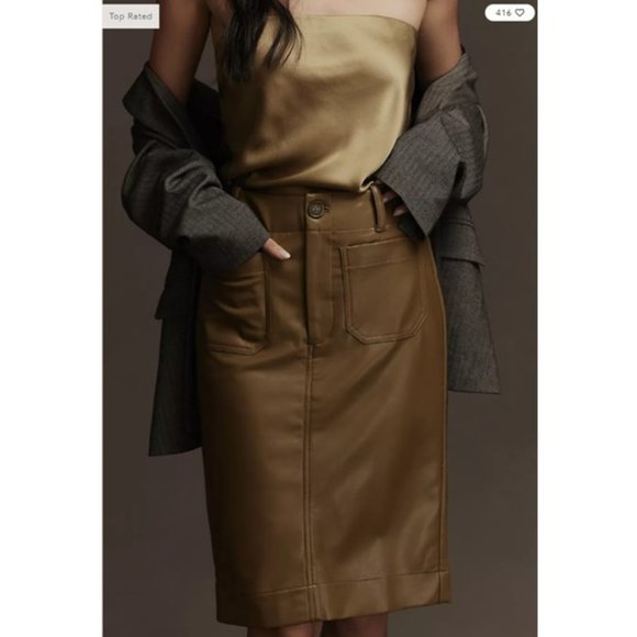 NWT-Anthropologie Maeve The Colette Green Faux Leather Skirt - L - Picture 3 of 5